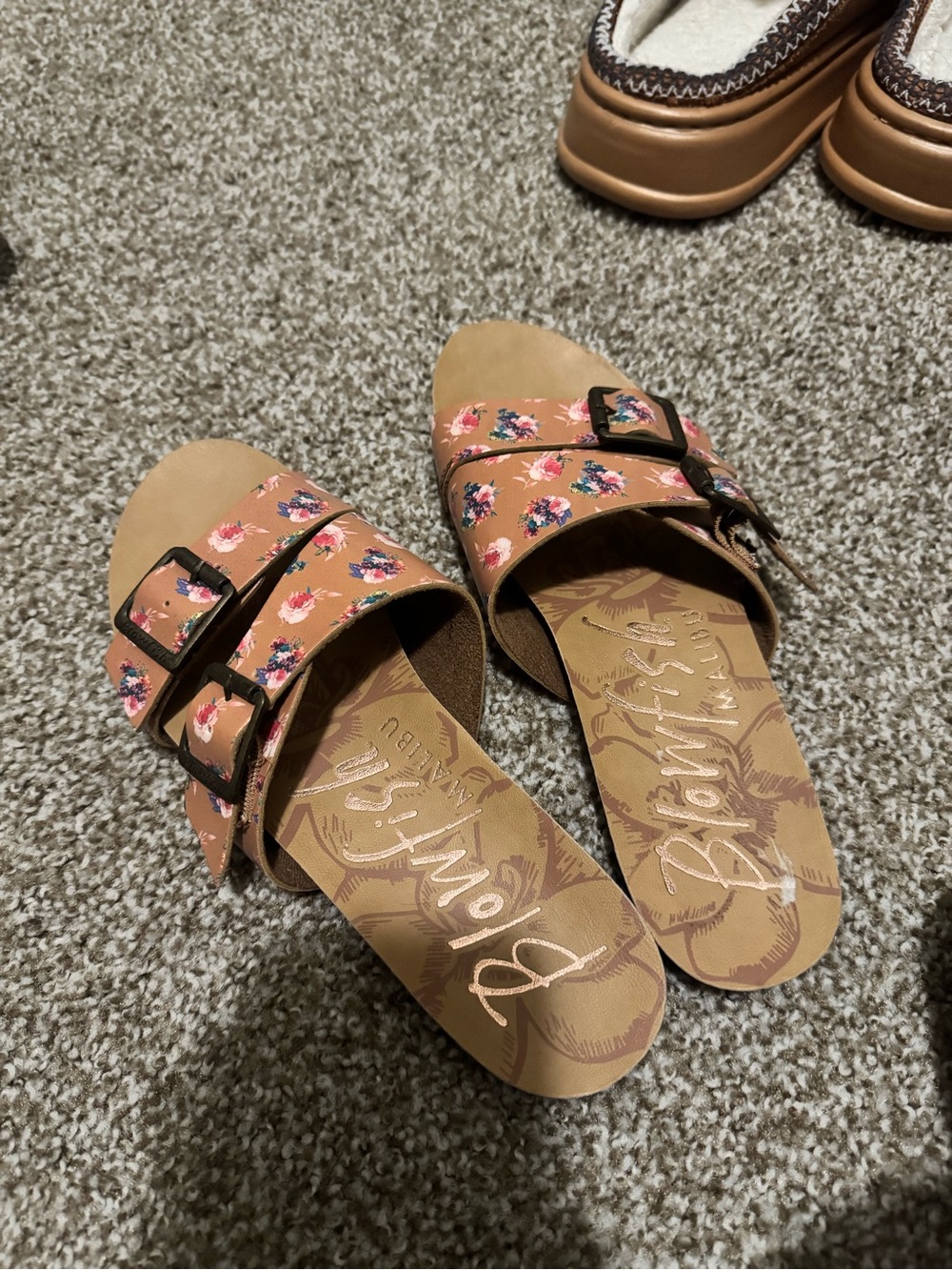 Blowfish Tan Floral Double-Buckle Slide Mules